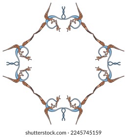 Geometrical rhombus shape animal frame with fantastic winged dragons. Medieval illuminated manuscript style. Isolated vector illustration.