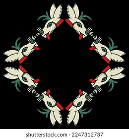 Geometrical rhombus shape animal frame with stylized heads of deer or hare. Ethnic native American design of Aztec Indians from Mexican codex. On black background.