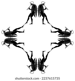 Geometrical rhombus shape frame with dancing ancient Greek young men playing flutes. Vase painting style. Black and white silhouette.