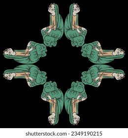 Geometrical rhombus shape frame design with sitting medieval women. Illuminated manuscript motif. On black background.