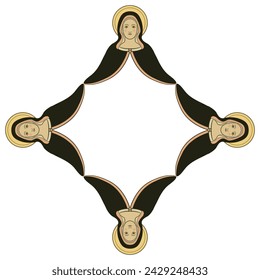 Marco geométrico en forma de rombo con cuatro imágenes de la Virgen María. Icono cristiano. Santa dama con nimbus. Ilustración aislada del vector.