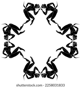 Geometrical rhombus shape frame or mandala with ancient Greek satyrs. Black and white silhouette.