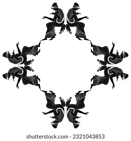 Geometrical rhombus shape ornament or frame with sitting ancient Greek women. Ethnic vase painting style. Black and white silhouette.