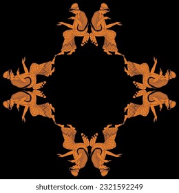 Geometrical rhombus shape ornament or frame with sitting ancient Greek women. Ethnic vase painting style. On black background.