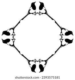 
Geometrical rhombus shape square animal frame with Eurasian Magpie birds. (Pika pika). Black and white silhouette.