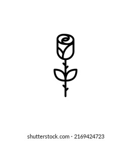 Geometrical rose with leaves and thorns icon. Black outline logo. Minimalist modern style. Vector illustration, flat design