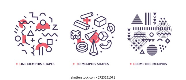 Geometrical round abstract modern isolated vector icons. Geometry elements drawing outline logo set. Memphis style geometric patterns collection.