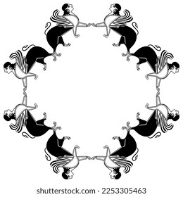 Geometrical round animal frame with antique sphinxes. Fantastic winged lion with female head. Ancient Greek mythology. Vase painting style. Black and white silhouette.