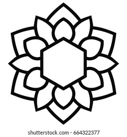 Geometrical round flower with hexagon isolated on white background. Black outline mandala. Vector illustration.