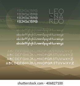 Geometrical round font (uppercase, lowercase, numbers). A to Z alphabet. Four weights of one font (hairline, light, regular, bold). Elegant sans serif font family.
