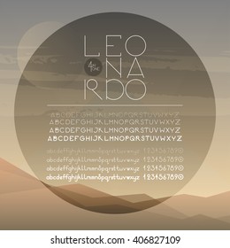 Geometrical round font (uppercase, lowercase, numbers). A to Z alphabet. Four weights of one font (hairline, light, regular, bold). Elegant sans serif font family.