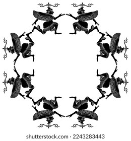Geometrical round frame with fantastic winged characters. Ancient Greek or Etruscan motif. Black and white silhouette.