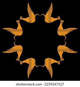 Geometrical round frame or mandala with flying birds. Swan or dove. Ancient Greek ethnic vase painting style. Orange silhouettes on black background.