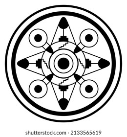 Geometrical round mandala with star shape. Medieval European Anglo-Saxon Cloisonné ornament. Black and white silhouette. Isolated vector illustration.