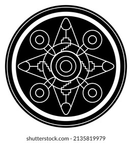 Geometrical round mandala with star shape. Medieval European Anglo-Saxon Cloisonné ornament. Black and white negative silhouette. Isolated vector illustration.