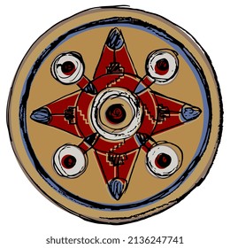 Geometrical round mandala with star shape. Medieval European Anglo-Saxon Cloisonné ornament. Hand drawn colorful rough sketch.