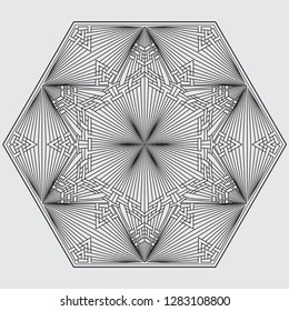 Geometrical round ornament in the form of a six-pointed star. Hexagonal mandala of the black thin line. Wattled pattern. Vector graphics.