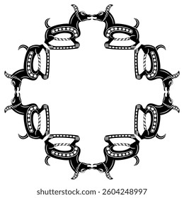 Geometrical round ornament or frame with stylized dogs. Permian animal style. Ethnic folk design from ancient Siberia. Black and white silhouette.