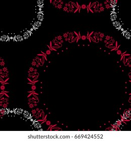 Geometrical seamless abstract pattern with intricate floral wreaths on a black background.