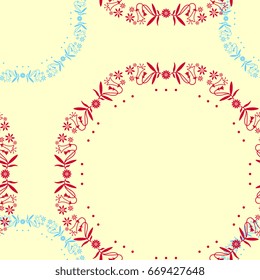Geometrical seamless abstract pattern with intricate circular floral wreaths on a light yellow background.