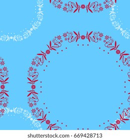 Geometrical seamless abstract pattern with intricate circular floral wreaths on a blue background.