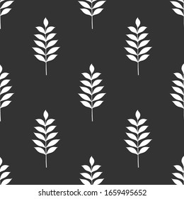 Geometrical seamless doodle organic monochrome leaf branches on dark background. Pattern with leaves silhouettes. Black and white floral seasonal texture. Vector Illustration. 