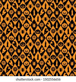 Geometrical seamless Halloween pattern with halloween elements silhouettes on orange background for greeting card, gift box, wallpaper, fabric, web design.