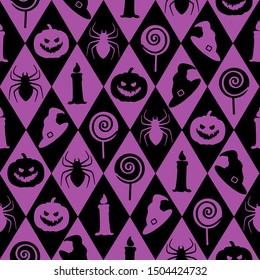 Geometrical seamless Halloween pattern with halloween elements silhouettes on purple background for greeting card, gift box, wallpaper, fabric, web design. 
