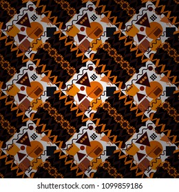 Geometrical seamless ornament. Seamless pattern in orange, black and red colors. Background with tiles and rhombus.