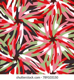 Geometrical seamless pattern with abstract flowers made out of hearts. Red and green colors.