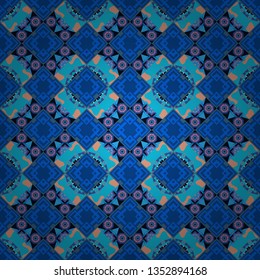 Geometrical seamless pattern with black, blue and violet tiles. Vector illustration.