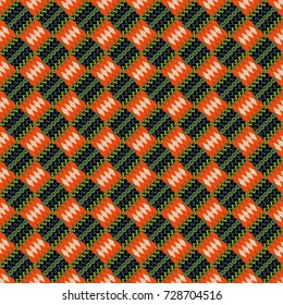 Geometrical seamless pattern with black, orange and brown tiles. Vector illustration.