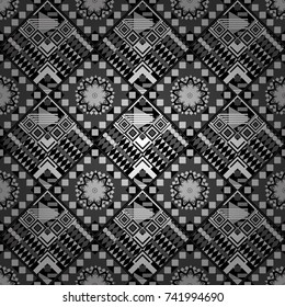 Geometrical seamless pattern with black, white and gray tiles. Vector illustration.