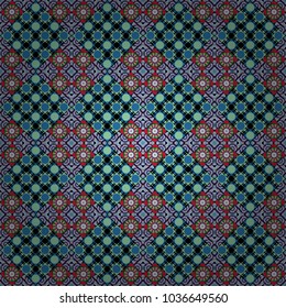 Geometrical seamless pattern with blue, black and gray tiles. Vector illustration.