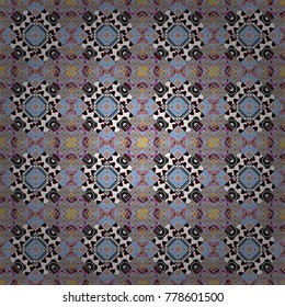 Geometrical seamless pattern with blue, black and white tiles. Vector illustration.