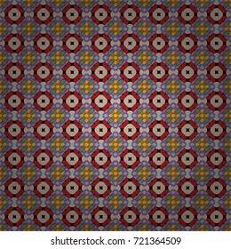 Geometrical seamless pattern with blue, red and beige tiles. Vector illustration.