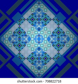 Geometrical seamless pattern with blue, violet and green tiles. Vector illustration.