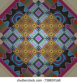 Geometrical seamless pattern with blue, yellow and green tiles. Vector illustration.