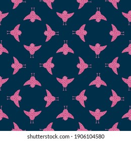 Patrón geométrico sin soldadura con ornamento de pájaros rosados brillantes. Fondo azul marino oscuro. Ilustración vectorial para impresiones textiles estacionales, tela, carteles, telas de fondo y papel pintado.