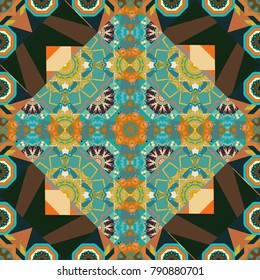 Geometrical seamless pattern with brown, blue and gray tiles. Vector illustration.