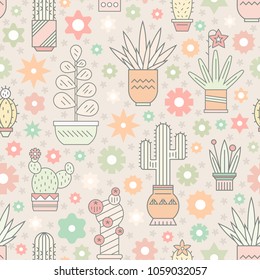 Geometrical seamless pattern design with cactuses. Line art background for invitations, announcements and other kinds of design. Cute vector texture.