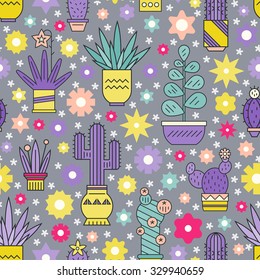 Geometrical seamless pattern design with cactuses. Line art background for invitations, announcements and other kinds of design. Cute vector texture.