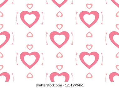 Geometrical seamless  pattern with doodle hearts. Hand drawn texture for girls, kids. Pink color. Vector love, Valentine's Day holiday symbols.			