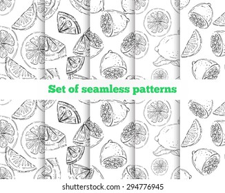 Geometrical seamless pattern. The drawn lemon. 5 black-and-white templates. Vector illustration