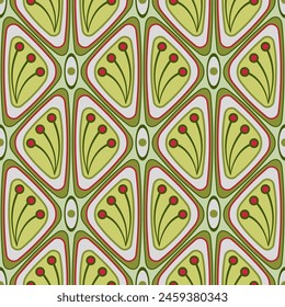 Geometrical seamless pattern in ethnic style. Delicate green red colours. Old mosaic triangles tiles with floral pattern. Ornament from repeating triangles. For various design projects.