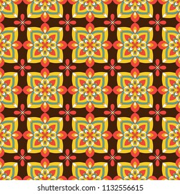 Geometrical seamless pattern with floral ornament.Bright pattern on a dark background. Can be used for printing on fabric, for gift wrapping, wrapping paper, wallpaper.