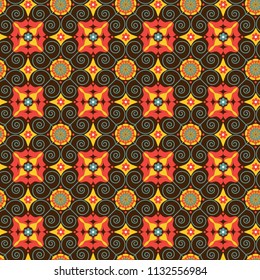 Geometrical seamless pattern with floral ornament.Bright pattern on a dark background. Can be used for printing on fabric, for gift wrapping, wrapping paper, wallpaper.