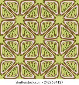 Geometrical seamless pattern in geometric style. Delicate gray and green colours. Old mosaic triangles tiles with floral pattern. Ornament from repeating triangles. For various design projects.