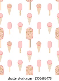 Geometrical seamless pattern with glamour pastel pink color and gold glitter strawberry ice cream. Summer endless texture on white. Vector.