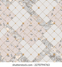 Geometrical seamless pattern with gold lines and marble background. Vector